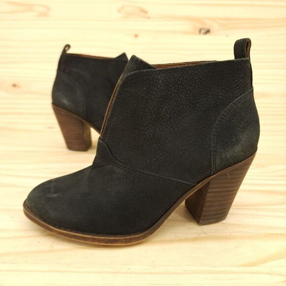Lucky Brand Womens Ankle Boots 6 Black Leather Stacked Heel Western Boho Booties - Picture 1 of 9
